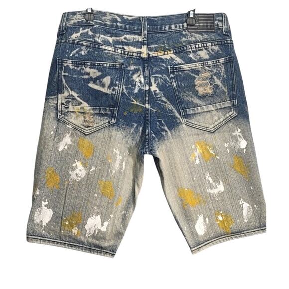 Diamond Stash Mens Jorts Jean Shorts Distressed Paint Splatter Yellow Smoke Wash - Picture 2 of 9